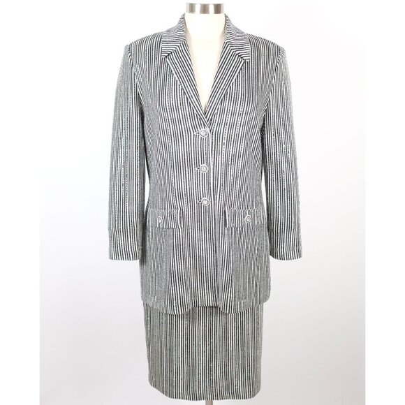 St John Marie Gray Evening 10 skirt suit long jacket black silver
